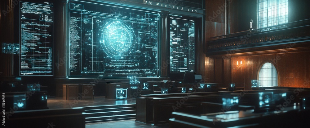 Poster futuristic control room with holographic displays and tech interfaces.