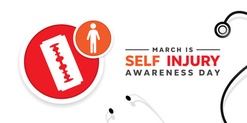 Self Injury Awareness Day. People, razor and stesthoscope. Great for cards, banners, posters, social media and more. White background.  