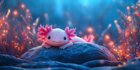 Creative illustration of an axolotl resting peacefully on a rock amidst glowing aquatic plants in a serene blue setting