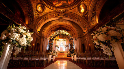 Fototapeta premium Empty church decorated with flowers for a ceremony,Beautiful decor of white flowers in church for a wedding ceremony,Interior of a wedding hall decorated with chairs and white flowers