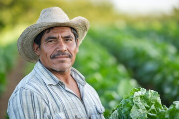 A proud farmer showcases freshly harvested lettuce in a sun-drenched field, representing the essence of sustainable farming and the nurturing relationship with the land.