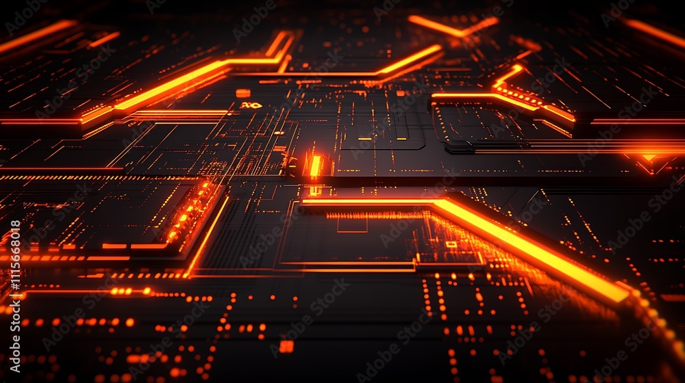 Aufkleber abstract vibrant circuits with glowing orange lines on dark background in futuristic digital technol
