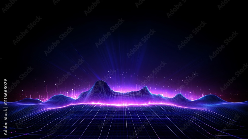 Poster abstract vibrant waveform visualization with neon colors and digital elements on dark background