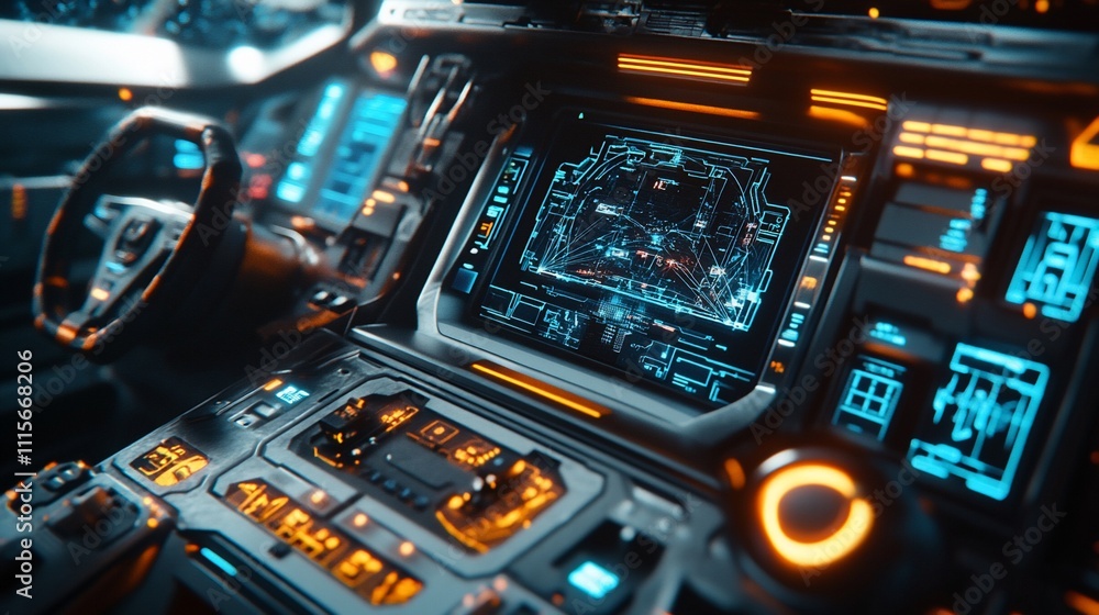 Poster futuristic control panel with glowing interfaces and intricate designs.