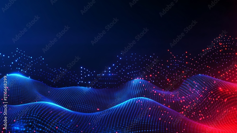 Poster abstract wave pattern with blue and red light particles in dark background for digital art and techn