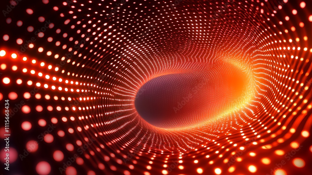 Poster Abstract Wave Tunnel with Glowing Dots Creating a Futuristic Digital Environment in Red and Orange Tones