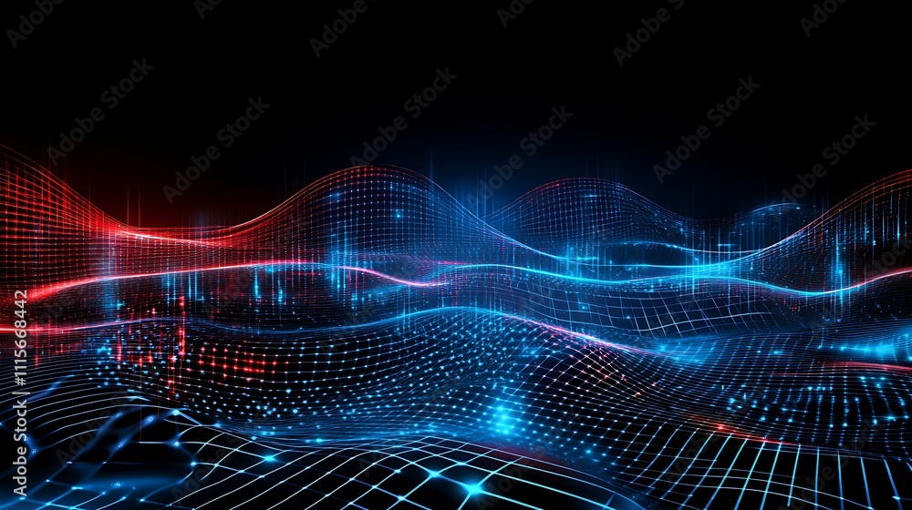 Poster abstract waveforms in red and blue colors with digital light effects and glowing particles in dark b