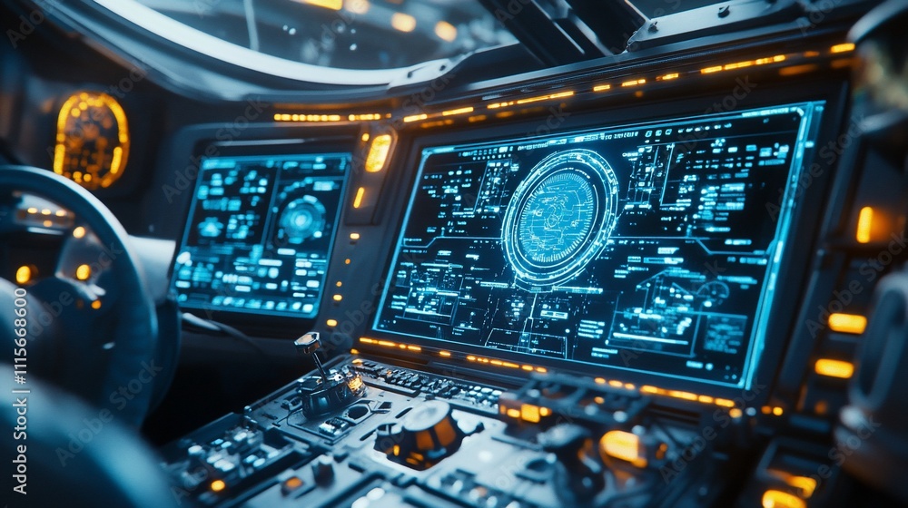 Poster futuristic cockpit with advanced screens and controls for navigation.