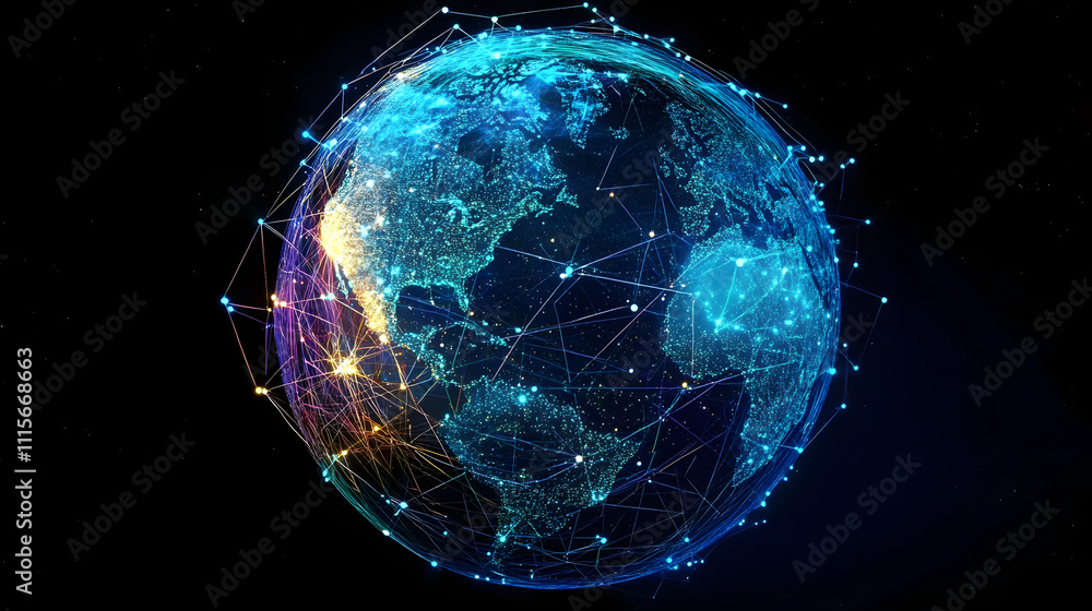 Poster digital networked globe, global communications. world connectivity, data exchange visualization.