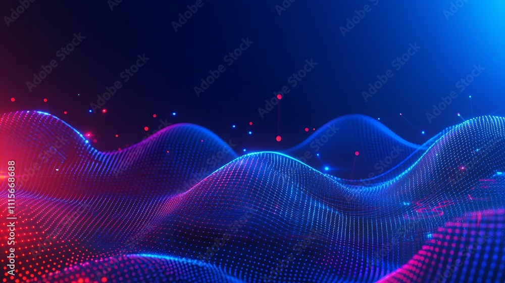Aufkleber abstract waves of light in red and blue colors with dots and particles on a dark background