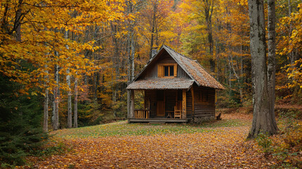 Charming wooden cabin nestled in vibrant autumn forest setting