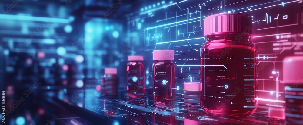Poster futuristic lab scene with glowing vials and digital data overlay.