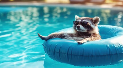 Cool raccoon relaxing on inflatable ring in swimming pool. (1)