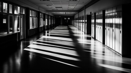 Fototapeta premium Empty school hallway, a silent testament to the passage of time and the fleeting nature of youth, where memories of laughter and learning linger in the air, waiting to be rediscovered.