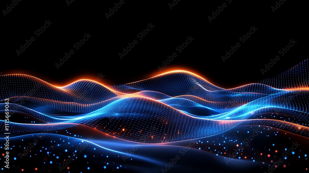 Poster colorful abstract wave patterns with glowing dots in blue and orange on a dark background
