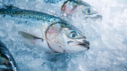 Fototapeta premium Fresh seafood display with fish on ice in cold storage