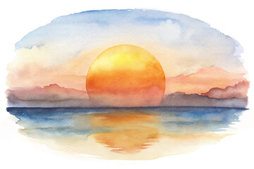 Obraz premium A watercolor painting of a sunset with a large yellow sun in the center