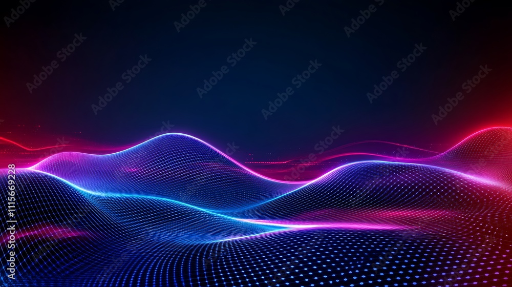 Poster Colorful abstract waves with glowing lines and dots in a high-tech digital landscape