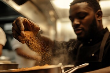 A talented chef skillfully sprinkling spices into a culinary dish, demonstrating professionalism in the kitchen and representing the art of cooking with passion and creativity.