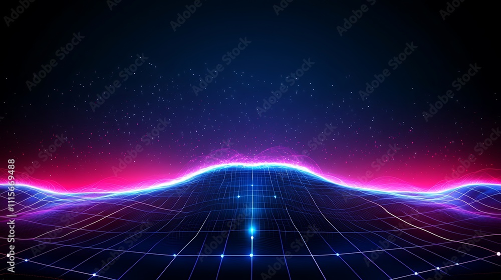 Poster digital abstract landscape with neon lights and grid pattern for futuristic backgrounds and designs