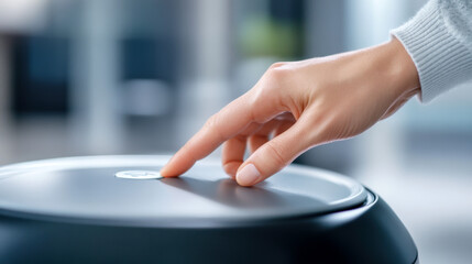 Fototapeta premium Finger tapping on a modern touch button in minimalist setting
