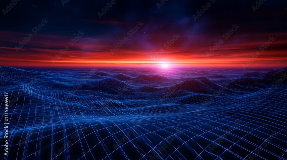 Aufkleber digital landscape with abstract waves and futuristic sunset in background for technology and virtual