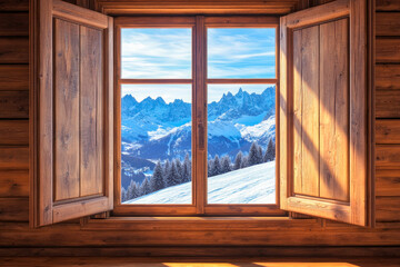 Fototapeta premium View through a wooden window on a mountain landscape. Winter vacations concept.