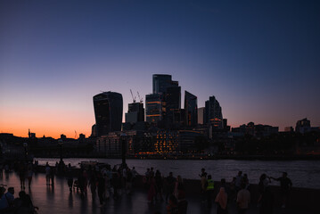 London city at night, financial district skyline