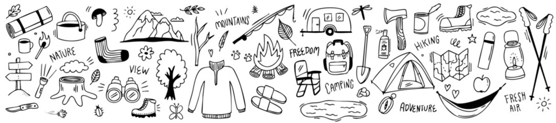 Outdoor adventure doodle set, hiking and camping vector illustrations
