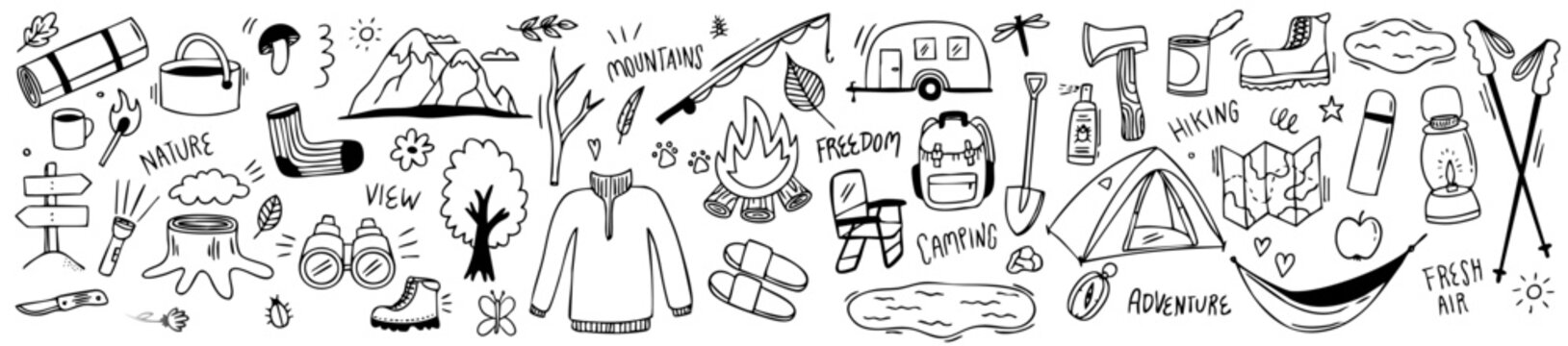 Outdoor adventure doodle set, hiking and camping vector illustrations
