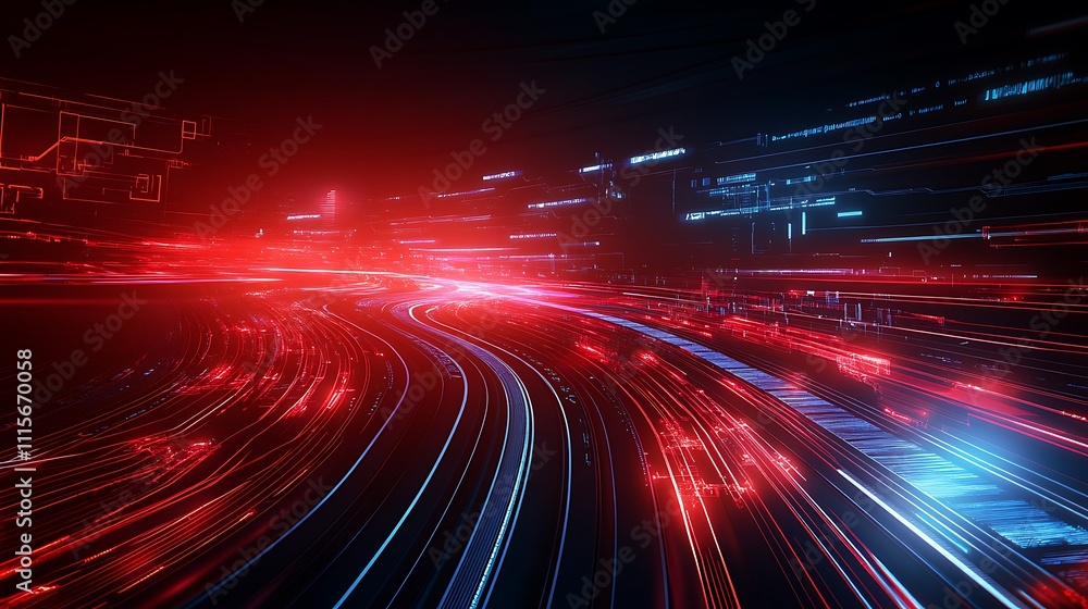 Poster dynamic abstract background with bright light trails and futuristic digital elements