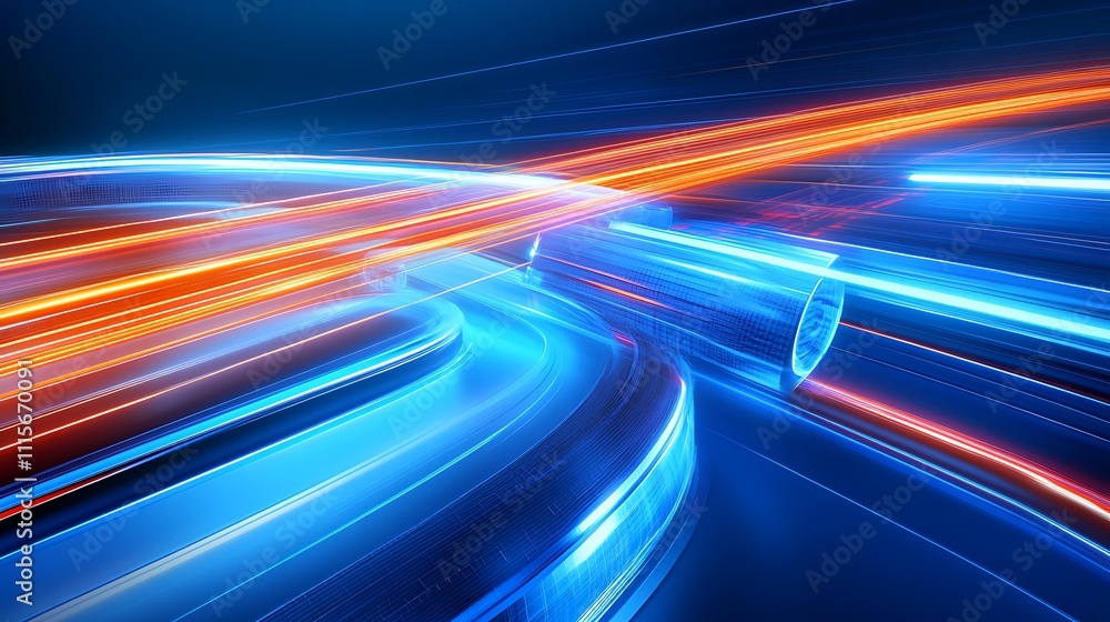 Poster dynamic abstract light trails in blue and orange with hints of motion and energy on a dark backgroun