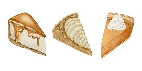 Pastry dessert set. Watercolor food isolated illustration for Thanksgiving holiday, bakery design, cafe menu, cook book