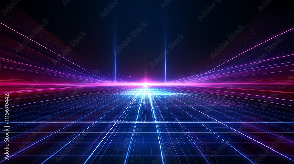 Poster dynamic perspective of neon light rays creating a futuristic landscape in vibrant colors
