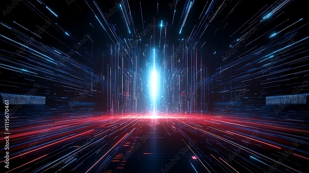 Poster dynamic visualization of light beams accelerating towards the center in a futuristic environment