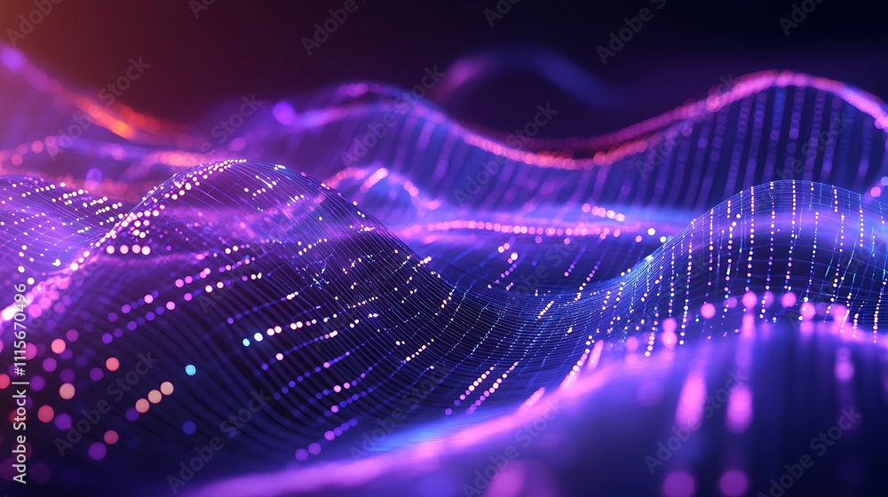 Poster dynamic waves of colorful light with abstract digital particles in vibrant flowing patterns