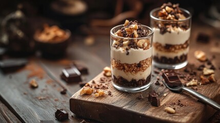 enticing dessert with chocolate and almonds on top, presented on a wooden board in transparent jars.