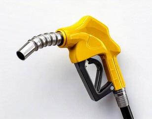 Realistic 3D image of a yellow fuel nozzle with detailed design, isolated on white, representing fuel and energy concept