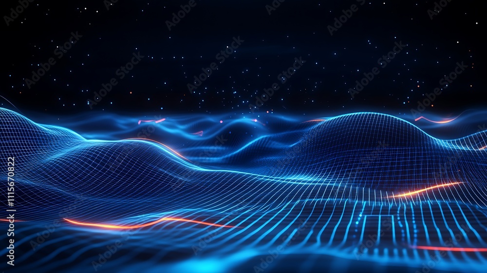 Poster futuristic abstract background representing digital waves and flowing data in bright blue and orange