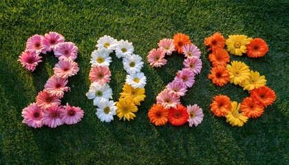 The year '2025' spelled with colorful flowers on green grass