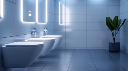 Fototapeta premium Modern restroom interior with illuminated mirrors and green plant under bright lighting in a sleek design
