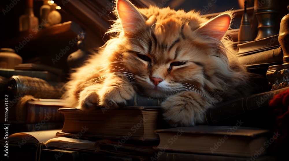 Aufkleber cat resting cozy library shelf surrounded by books and sunlight streaming through the window done in
