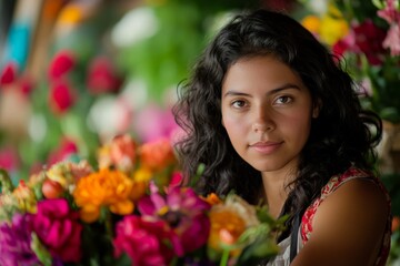 Fototapeta premium A young woman poses naturally among vibrant flowers, reflecting beauty, serenity, and a love for nature, evoking a sense of peace and connection.