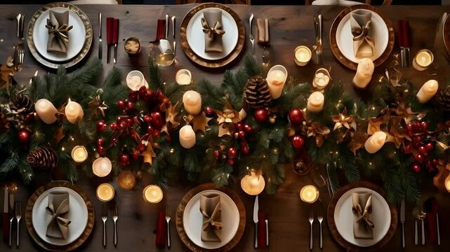Overhead view of a beautifully decorated Christmas dinner table with candles, evergreen garland, and gold accents.