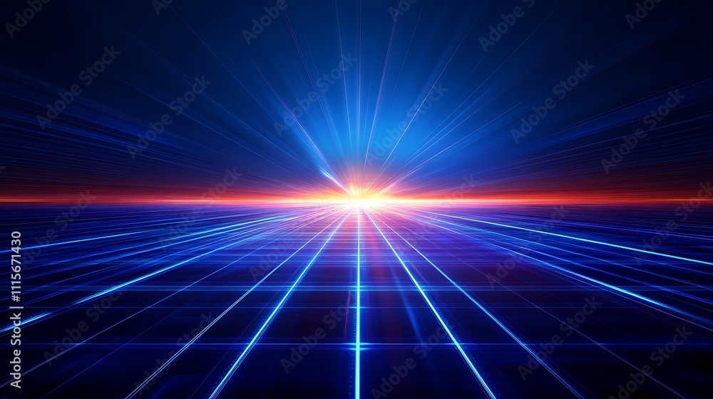 Poster futuristic abstract background with light rays and grid pattern creating a sense of depth and motion
