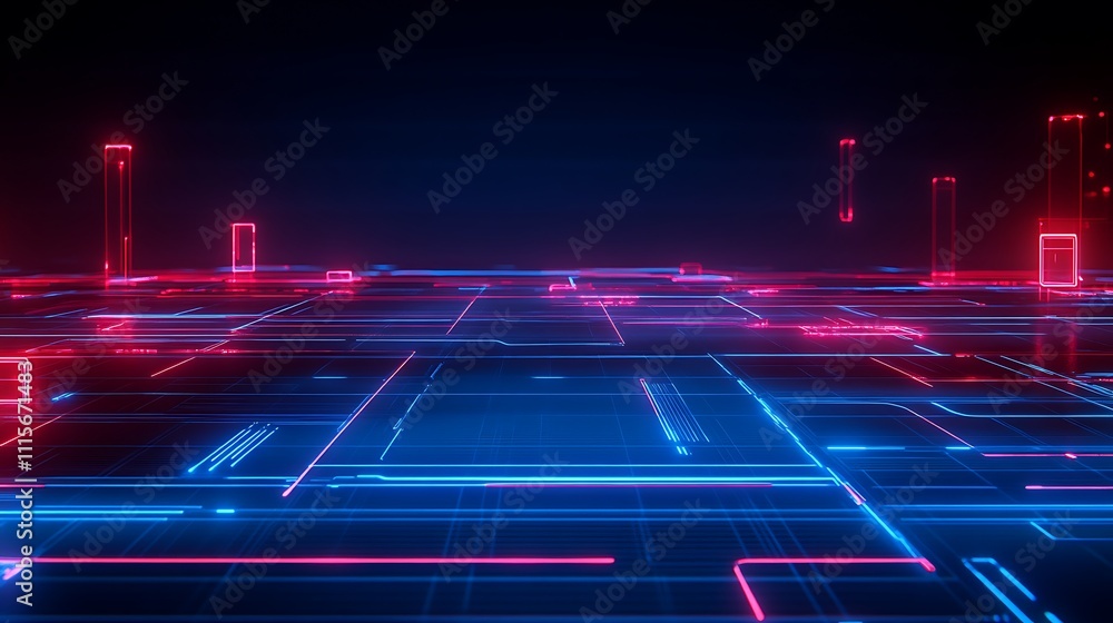 Poster futuristic abstract background with neon blue and pink lines and geometric patterns in a dark space