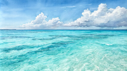 A painting of a blue ocean with a cloudy sky