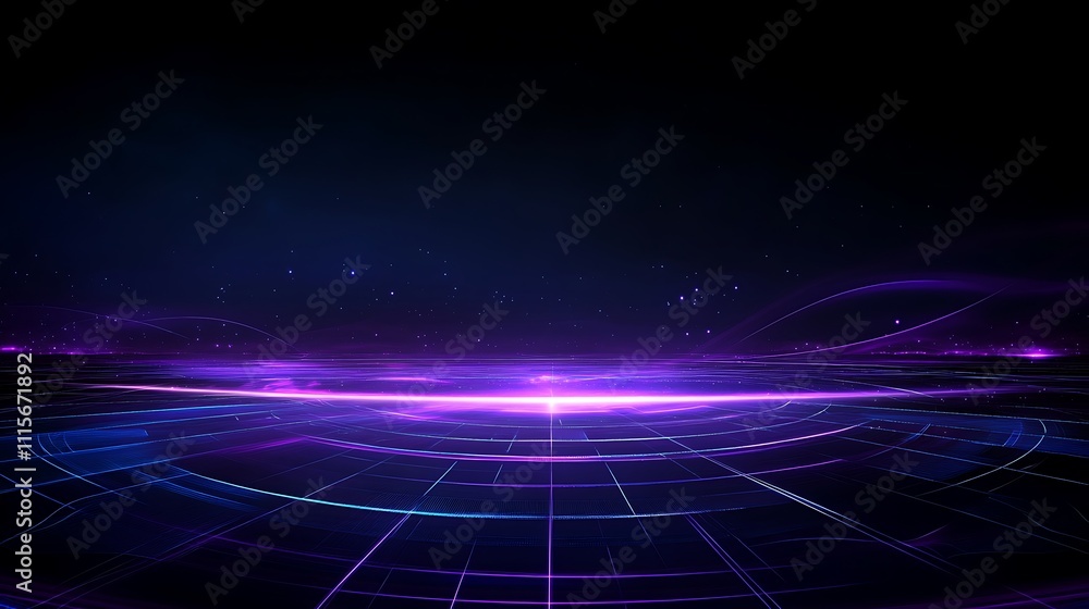 Aufkleber Futuristic Abstract Background with Purple Light Lines and Digital Grid Patterns in Dark Blue Space