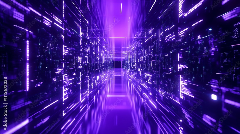 Poster futuristic abstract corridor with neon purple light effects and digital data flowing in a high-tech 