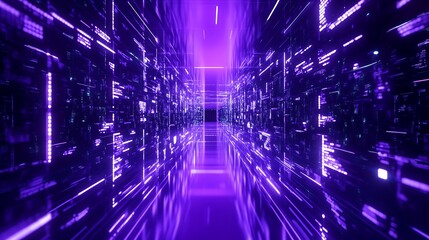 Fototapeta premium Futuristic Abstract Corridor with Neon Purple Light Effects and Digital Data Flowing in a High-Tech Environment